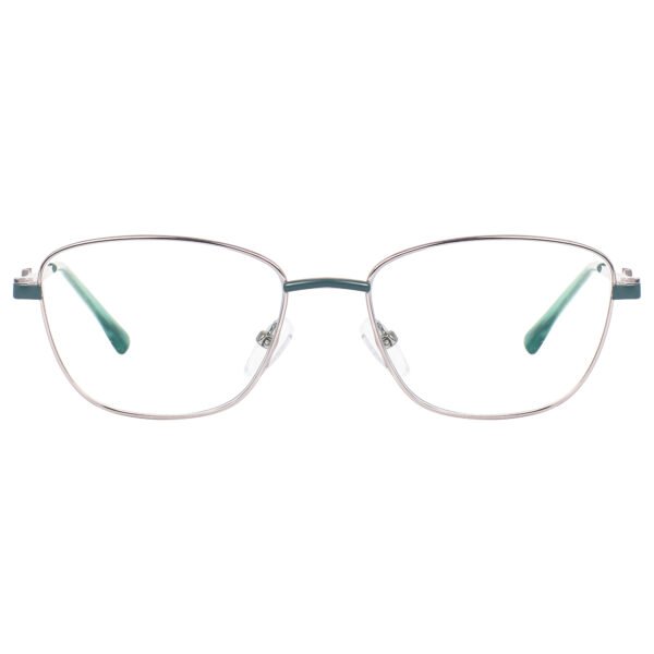 SunLazer square metal eyeglasses in silver finish with teal accents and adjustable nose pads