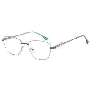 SunLazer square metal eyeglasses in silver finish with teal accents and adjustable nose pads