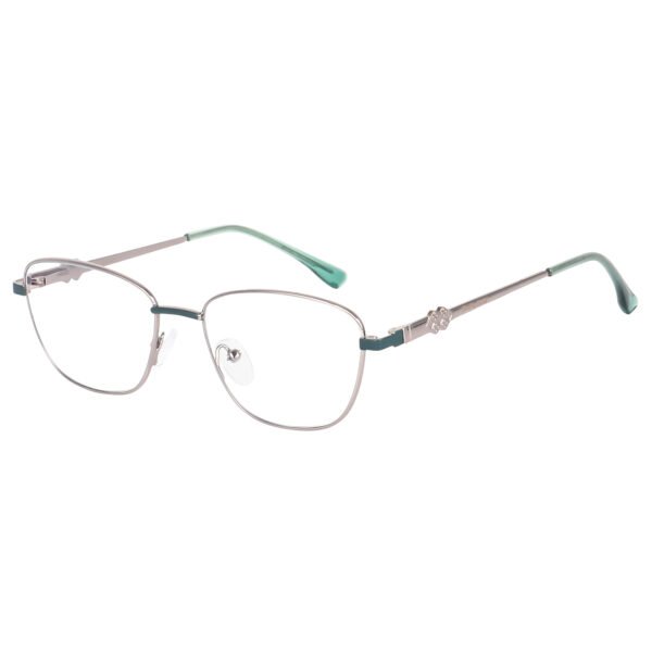 SunLazer square metal eyeglasses in silver finish with teal accents and adjustable nose pads