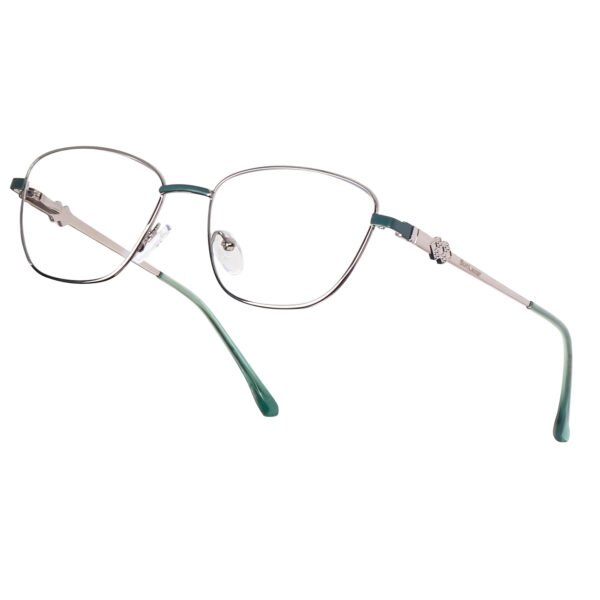 SunLazer square metal eyeglasses in silver finish with teal accents and adjustable nose pads