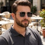 SunLazer square metal frame sunglasses with black lenses and silver arms