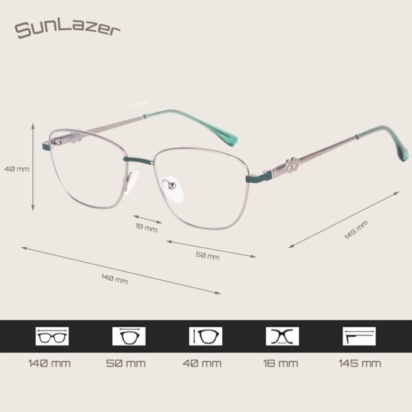 SunLazer square metal eyeglasses in silver finish with teal accents and adjustable nose pads