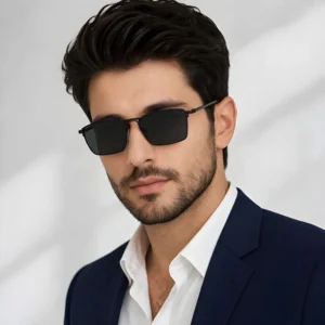 Matte Black Rectangular Sunglasses – Slim Metal Frame with Dark Lenses