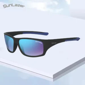 SunLazer Elite Performance Matte Black blue Sports Sunglasses with Neon blue Accents and Polarized Multi-Color Gradient Lenses