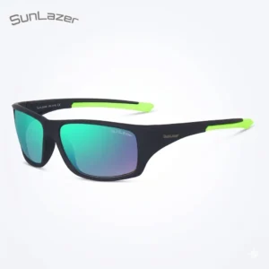 SunLazer Elite Performance Matte Black Sports Sunglasses with Neon Green Accents and Polarized Multi-Color Gradient Lenses